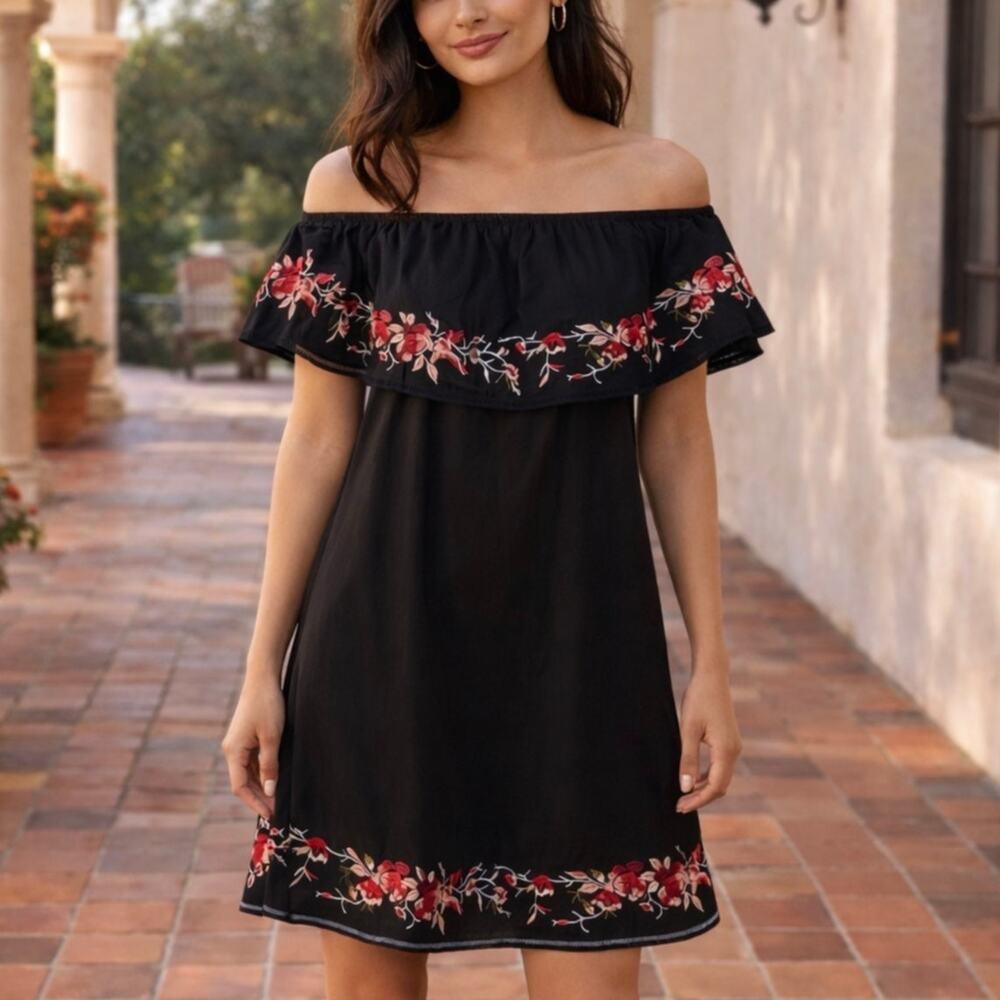 Lucy Paris Black Off-The-Shoulder Mini Dress Women’s Small Embroidered Floral